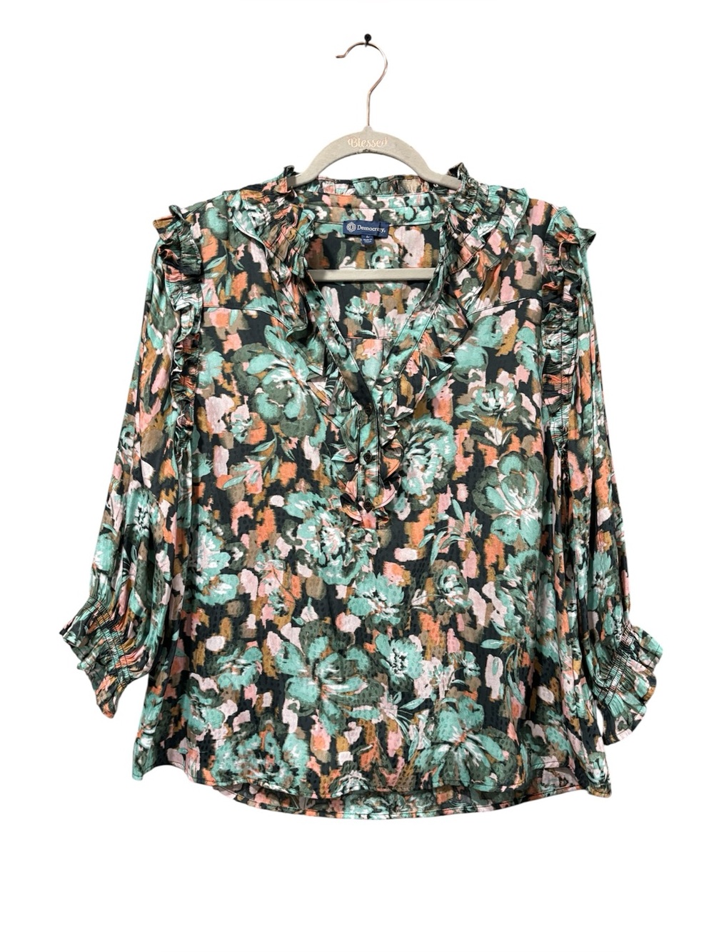 Democracy 3/4 sleeved floral ruffle blouse size L - Picture 4 of 11